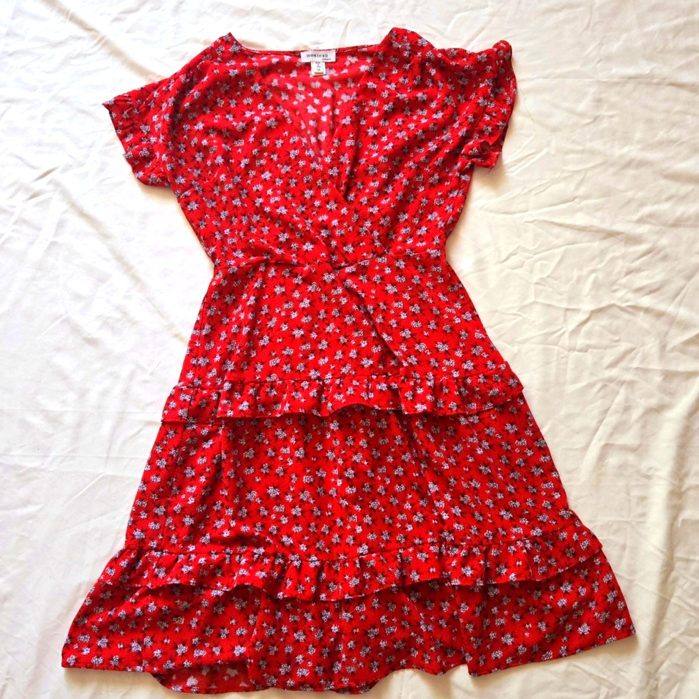 Monteau Red Floral Layer Short Sleeve Dress Medium